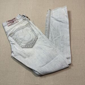 True Religion Jeans Men 28x31 Light Blue Straight Faded Flap Pockets Distressed